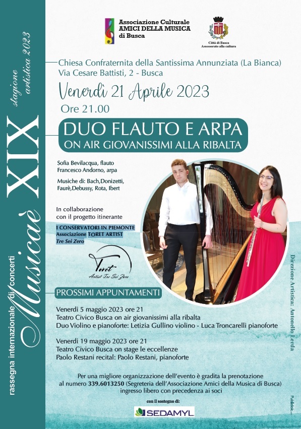 Flauto e arpa, violino e pianoforte protagonisti dei due prossimi concerti di Musica